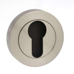 Mediterranean Euro Escutcheon on Round Rose - Satin Nickel