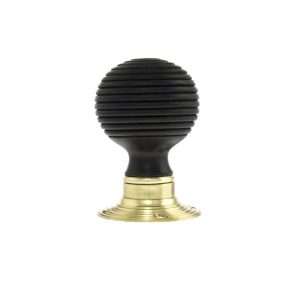 Old English Whitby Ebony Wood Reeded Mortice Knob on 60mm Face Fix Rose - Polished Brass