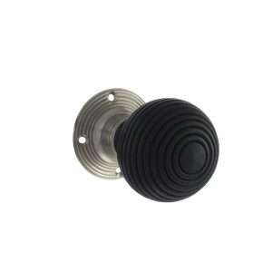 Old English Whitby Ebony Wood Reeded Mortice Knob on 60mm Face Fix Rose - Satin Nickel