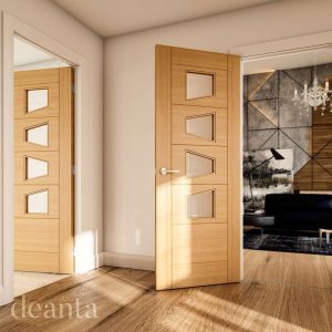 Seville Prefinished Oak Glazed Internal Door 4L Slanted FSC - Deanta Doors