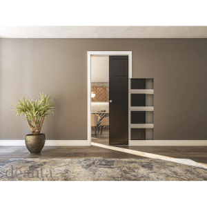 Single Door Kit + Handle & Doorjamb 100mm White Frame + Black Finish Hardware - Deanta Doors