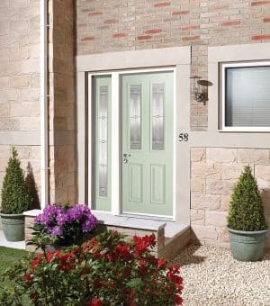 Malton 2L Glazed External Pre-Finished Light Green Front Face With White Inside Face and Edges Doors